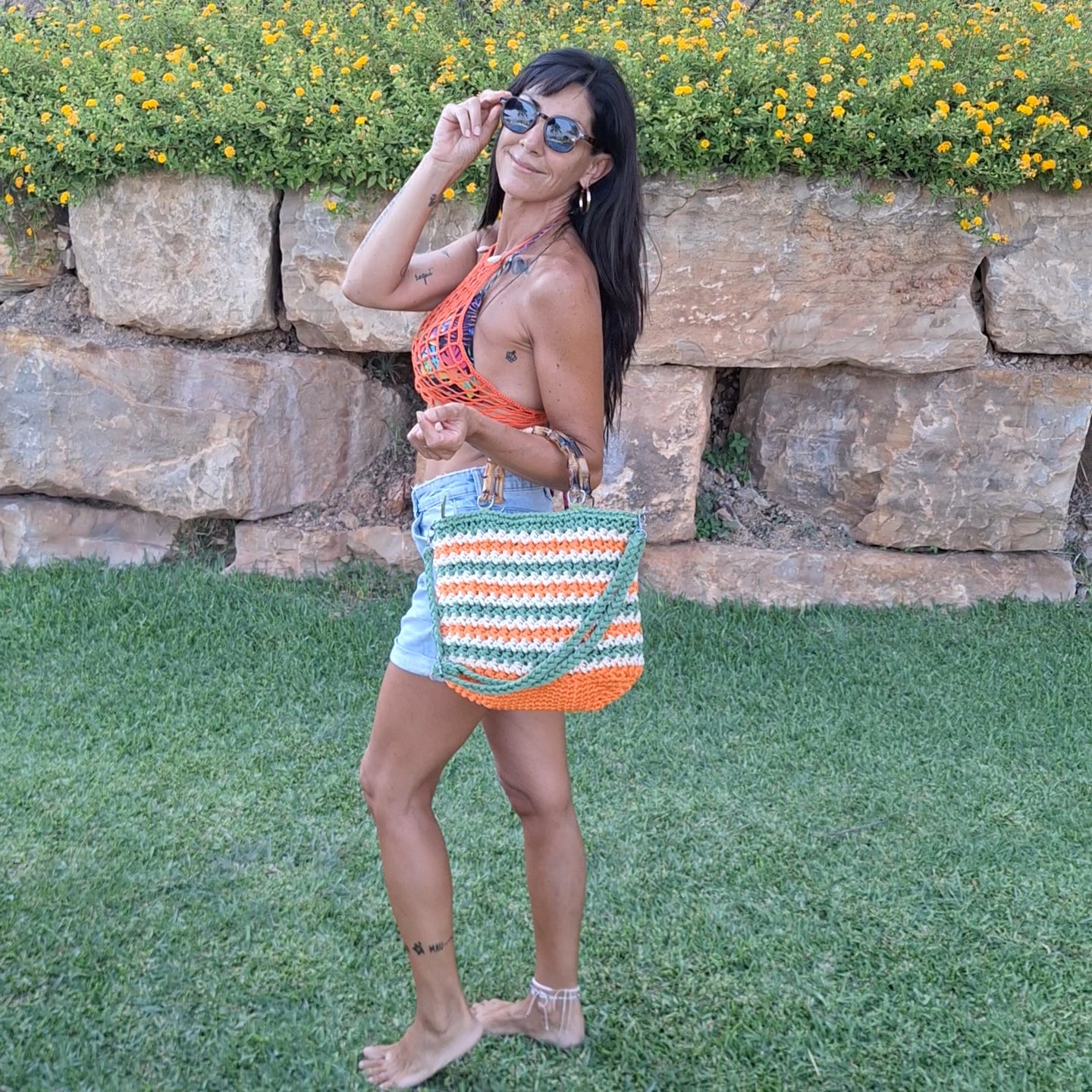 Woven Bag with Wooden Handle | Handmade Boho Bag