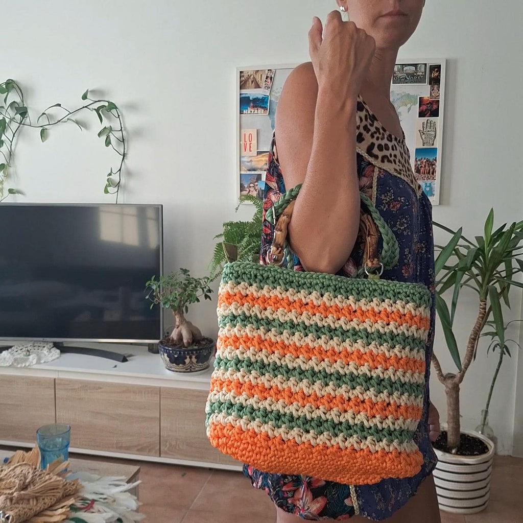 Woven Bag with Wooden Handle | Handmade Boho Bag